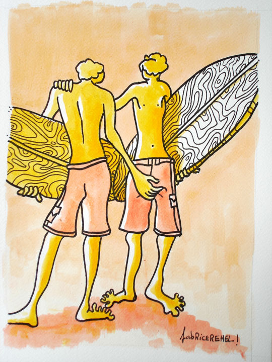 Drawing titled "Deux Surfeurs" by Fabrice Réhel, Original Artwork