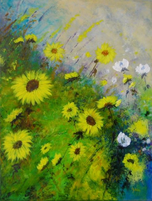 Painting titled "Tournesols sauvages" by Coq Rouge, Original Artwork, Oil