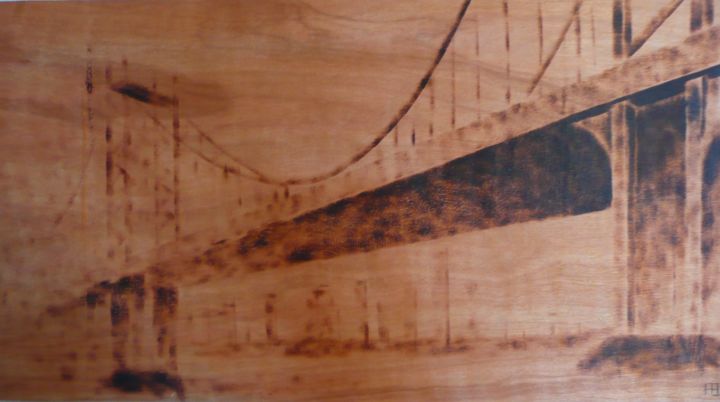 Drawing titled "Pont" by Fabien Bochard, Original Artwork, Wood Mounted on Wood Panel
