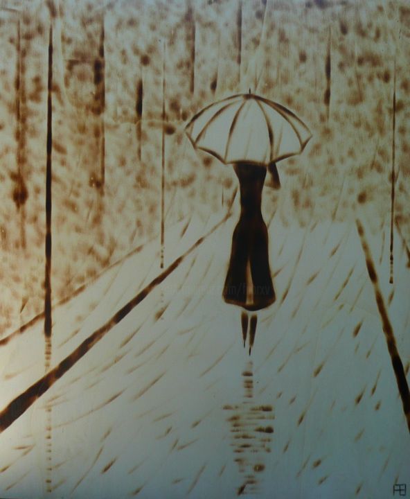 Σχέδιο με τίτλο "Un jour de pluie" από Fabien Bochard, Αυθεντικά έργα τέχνης, Ξύλο Τοποθετήθηκε στο Ξύλινο πάνελ