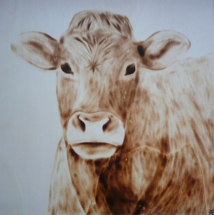 Dessin intitulée "Vache" par Fabien Bochard, Œuvre d'art originale, Bois Monté sur Panneau de bois