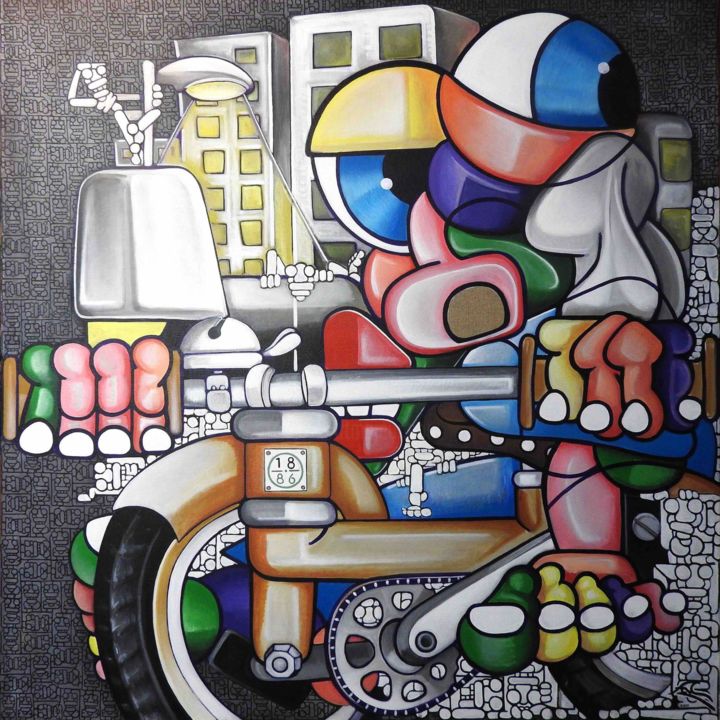 Painting titled "Urban cycling" by Facé, Original Artwork, Acrylic