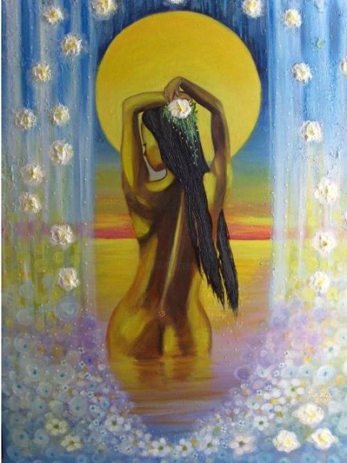 Banho de Lua Cheia - Painting, 70x90 cm ©2009 by FADA FADUL -
mulher, banho, mar, sol