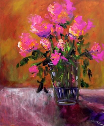Ζωγραφική με τίτλο "Pink Roses on Ochre" από Fagan, Αυθεντικά έργα τέχνης