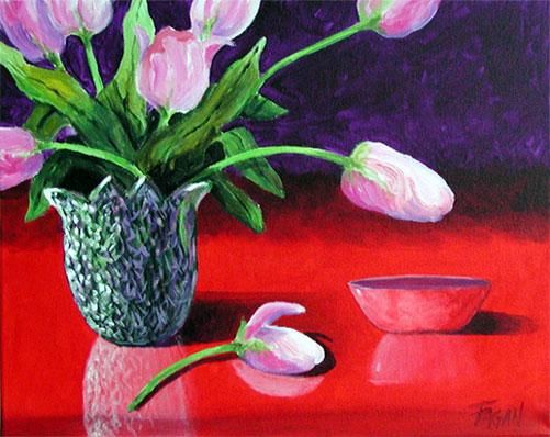 Painting titled "Pink Tulips" by Fagan, Original Artwork, Oil