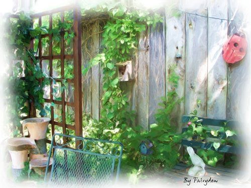 Картина под названием "Backyard Charm" - Fairydew, Подлинное произведение искусства,