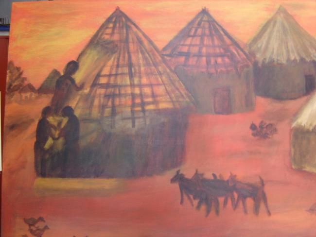 Painting titled "Aldeia indígena" by Angelina Martinho, Original Artwork