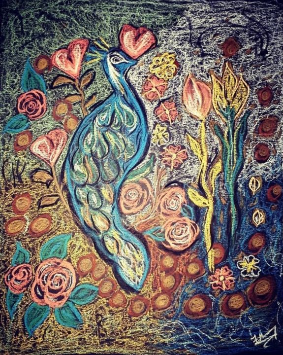 Drawing titled "Peacock" by Faiza Tariq, Original Artwork, Chalk