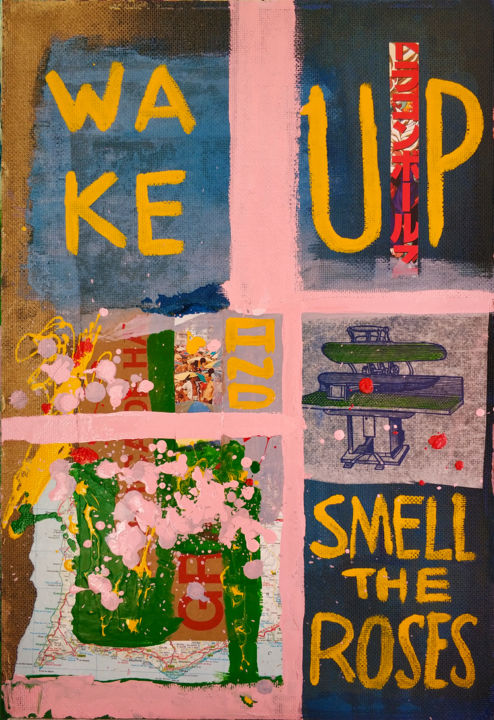 Colagens intitulada "WAKE UP AND SMELL T…" por Fake Art, Obras de arte originais, Tinta de esmalte