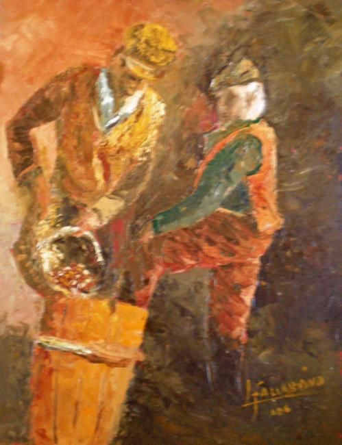 Pittura intitolato "RECOGIENDO CASTAÑAS" da Maria Lidia Fallabrino Meneghetti, Opera d'arte originale