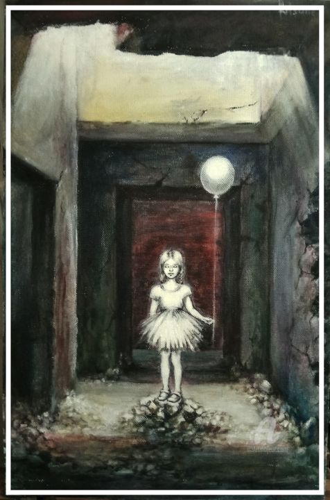 Painting titled "Girl with a balloon" by Kitsuneart, Original Artwork, Acrylic