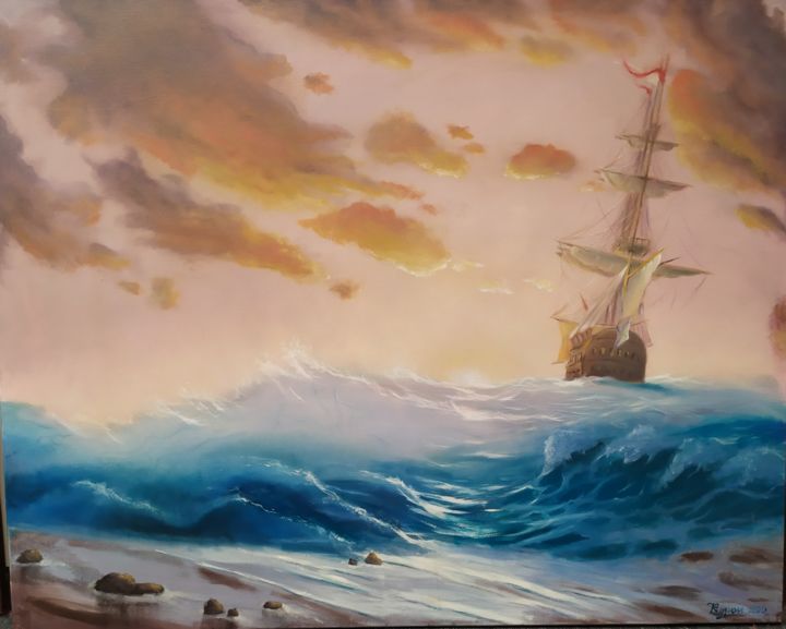 Картина под названием "волна" - Евгений Ворон, Подлинное произведение искусства, Масло
