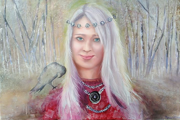 Painting titled "woman winter sage" by Rosário Falcão, Original Artwork, Oil Mounted on Wood Stretcher frame