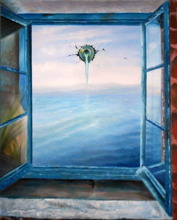 Painting titled "À janela" by Rosário Falcão, Original Artwork, Oil Mounted on Wood Stretcher frame
