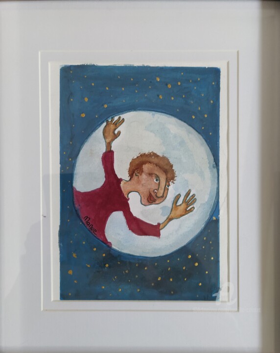 Painting titled "Jean de la lune" by Emmanuelle Cointet, Original Artwork, Watercolor Mounted on Glass