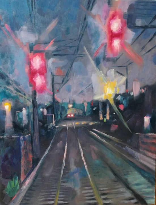 Peinture intitulée "La gare" par François Mahé, Œuvre d'art originale, Huile