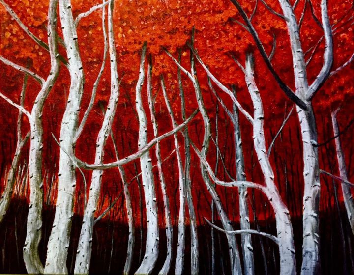 Картина под названием "Crimson Copse" - Steph Krynauw, Подлинное произведение искусства, Акрил Установлен на Деревянная рама…