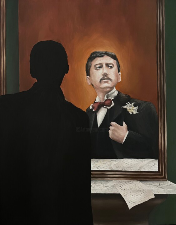 Painting titled "Marcel Proust" by Fanny Houillon, Original Artwork, Oil Mounted on Wood Stretcher frame