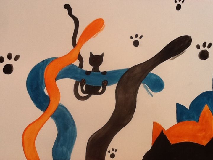 Painting titled "Trois chats et plus" by Fanny Touchet, Original Artwork