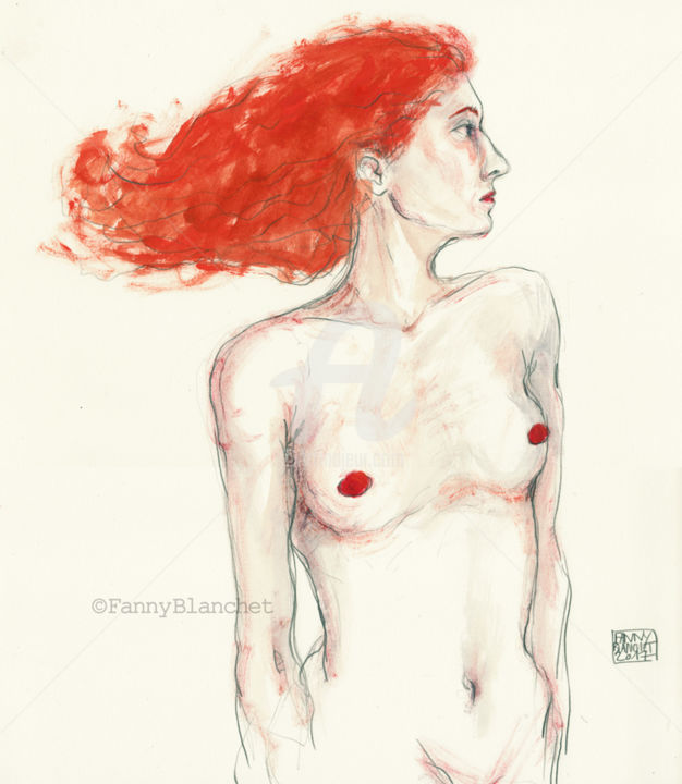 Pintura intitulada "Demi nu aux cheveux…" por Fanny Blanchet, Obras de arte originais, Guache