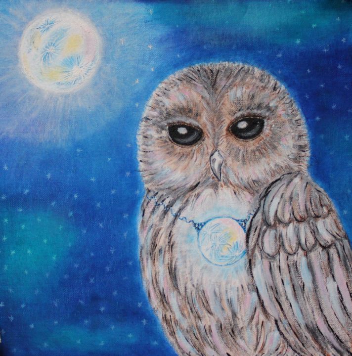 Malarstwo zatytułowany „Owl and her own Moon” autorstwa Nadiia Morokhovets, Oryginalna praca, Akryl