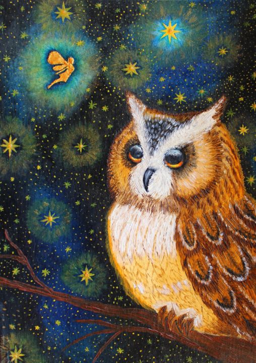 Malerei mit dem Titel "OWL AND FAIRY oil p…" von Nadiia Morokhovets, Original-Kunstwerk, Öl