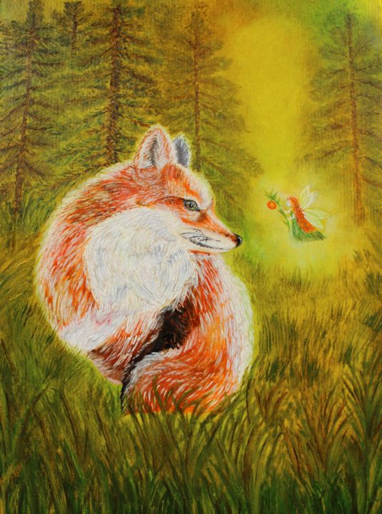 Painting titled "FANTASY FOX ART pei…" by Nadiia Morokhovets, Original Artwork, Oil