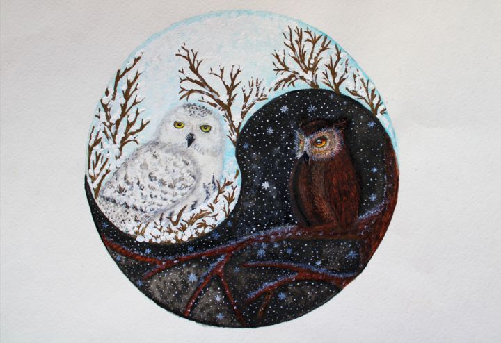 Malarstwo zatytułowany „OWL FANTASY ART WAT…” autorstwa Nadiia Morokhovets, Oryginalna praca, Akwarela