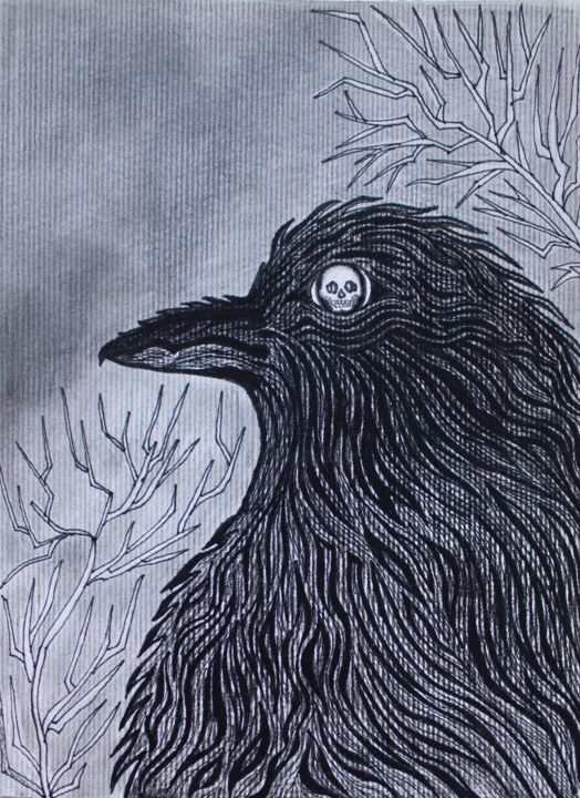 Dessin intitulée "RAVEN AND SKULL ART…" par Nadiia Morokhovets, Œuvre d'art originale, Graphite