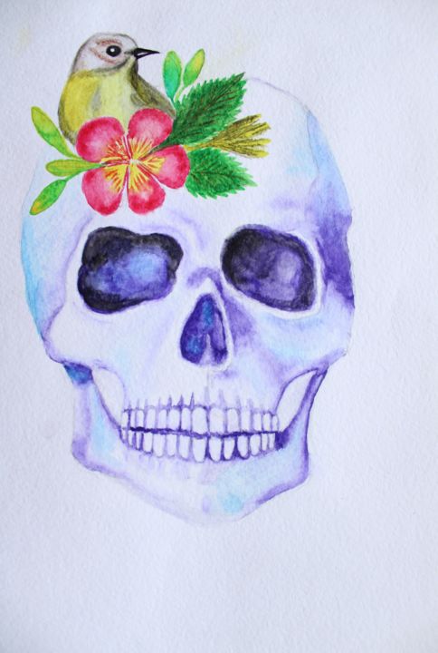 「SKULL AND FLOWERS p…」というタイトルの絵画 Nadiia Morokhovetsによって, オリジナルのアートワーク, 水彩画