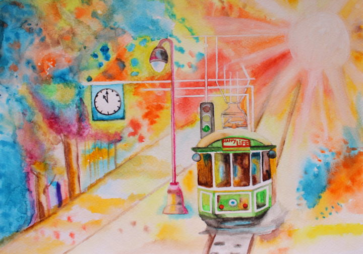 Painting titled "Tram art colorful s…" by Nadiia Morokhovets, Original Artwork, Watercolor