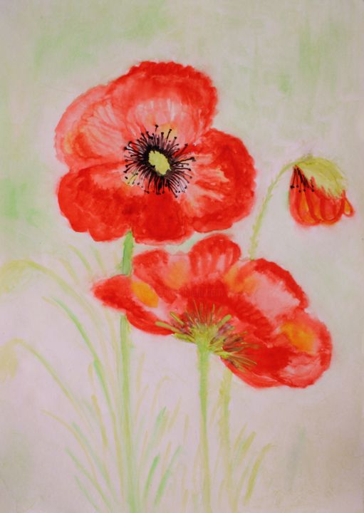 Malerei mit dem Titel "Red poppies artwork…" von Nadiia Morokhovets, Original-Kunstwerk, Aquarell