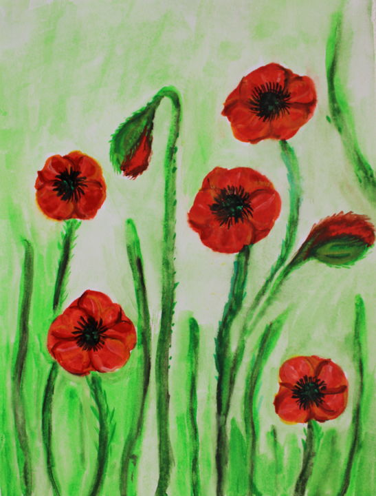 Painting titled "Red flowers poppies…" by Nadiia Morokhovets, Original Artwork, Watercolor