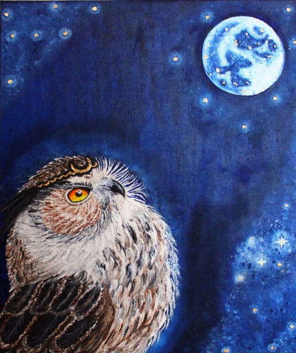 Malarstwo zatytułowany „Fantasy owl art Owl…” autorstwa Nadiia Morokhovets, Oryginalna praca, Olej