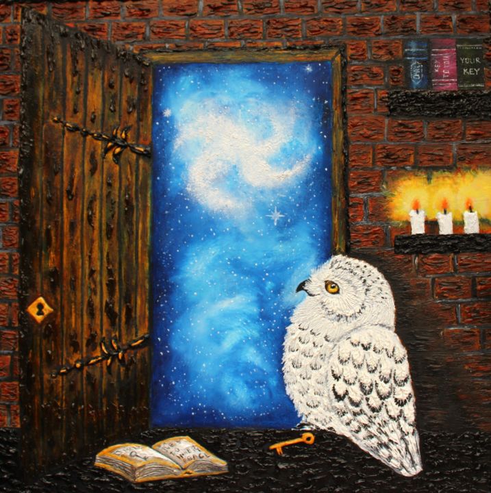 Malarstwo zatytułowany „Fantasy owl art Owl…” autorstwa Nadiia Morokhovets, Oryginalna praca, Olej