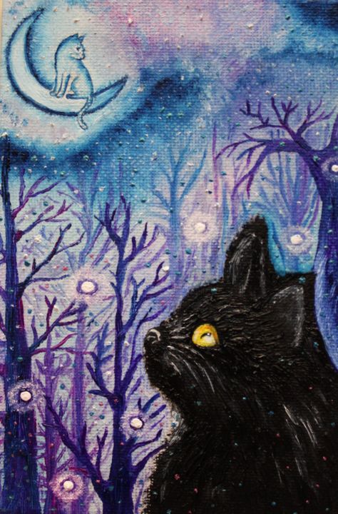 Painting titled "Black cat and moon…" by Nadiia Morokhovets, Original Artwork, Oil