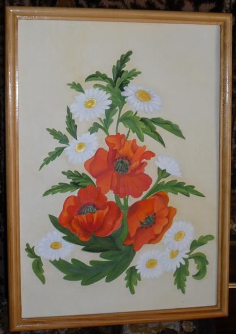 Painting titled "Poppies and camomil…" by Natalia Ohrimenco, Original Artwork