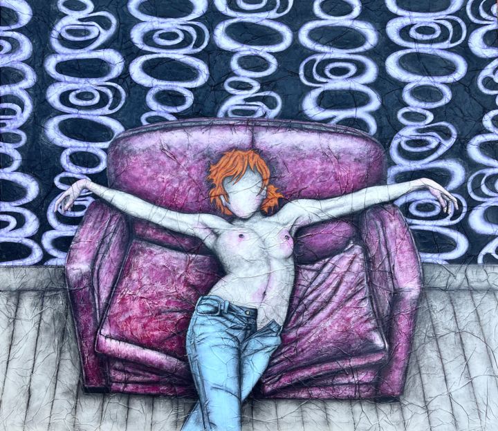 Painting titled "Le petit sofà rouge" by Roberto Fantini, Original Art, Acrylic