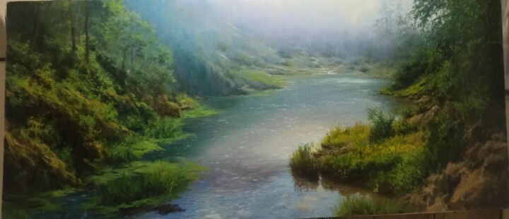 Painting titled "Rainy Forest" by Faramarz Mokhtarpour, Original Artwork, Oil