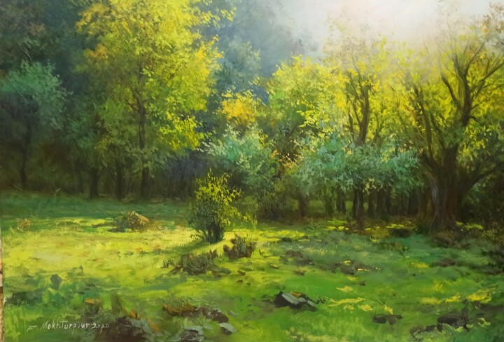 Painting titled "Green trees" by Faramarz Mokhtarpour, Original Artwork, Oil