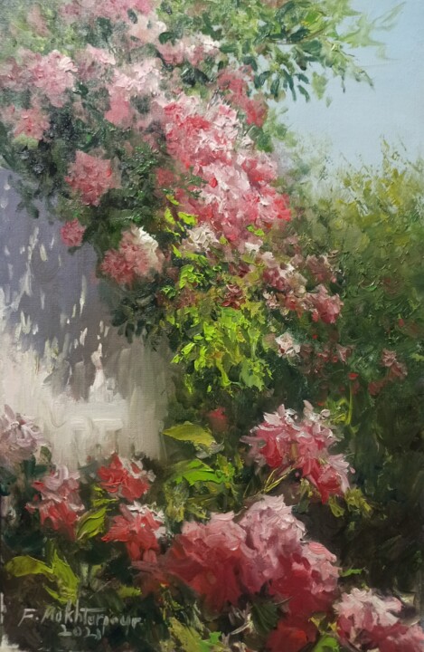 Painting titled "Flowers In The Gard…" by Faramarz Mokhtarpour, Original Artwork, Oil