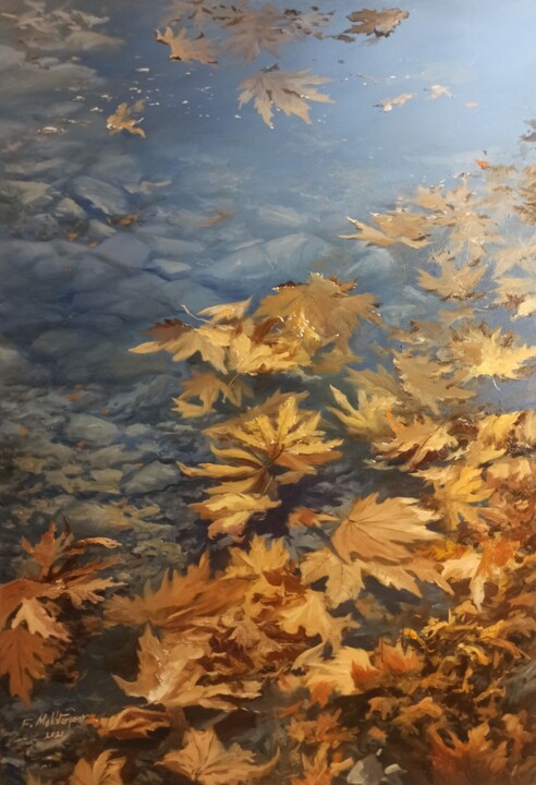Painting titled "Leaves And Sky Refl…" by Faramarz Mokhtarpour, Original Artwork, Oil