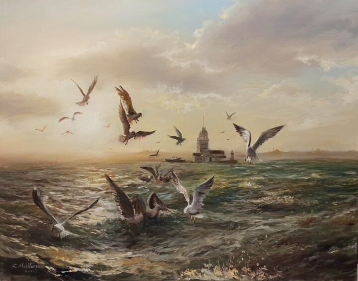 Painting titled "Seabirds' Challenge" by Faramarz Mokhtarpour, Original Artwork, Oil