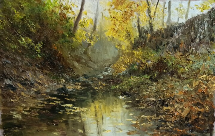 Painting titled "Fall In The Garden" by Faramarz Mokhtarpour, Original Artwork, Oil