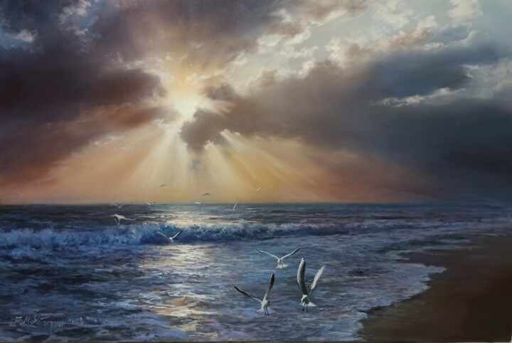 Painting titled "The Beach and sunset" by Faramarz Mokhtarpour, Original Artwork, Oil