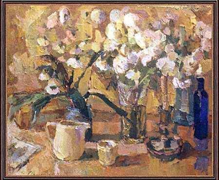 Painting titled "Biege Chrisanthemes" by Radeon Faraponov, Original Art,