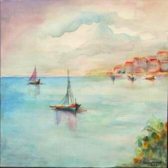 Painting titled "Paysage marin (aqua…" by Farida Benmahmoud, Original Artwork