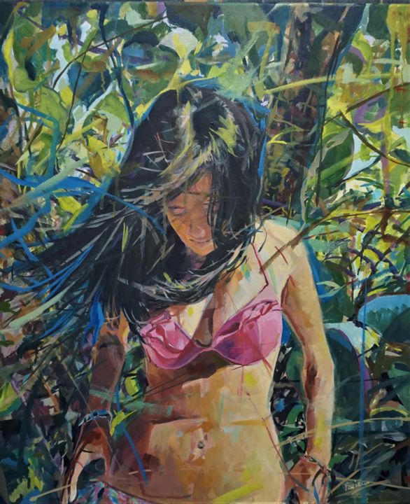 Pintura titulada "El bikini rosa" por Fariza, Obra de arte original, Oleo Montado en Bastidor standard