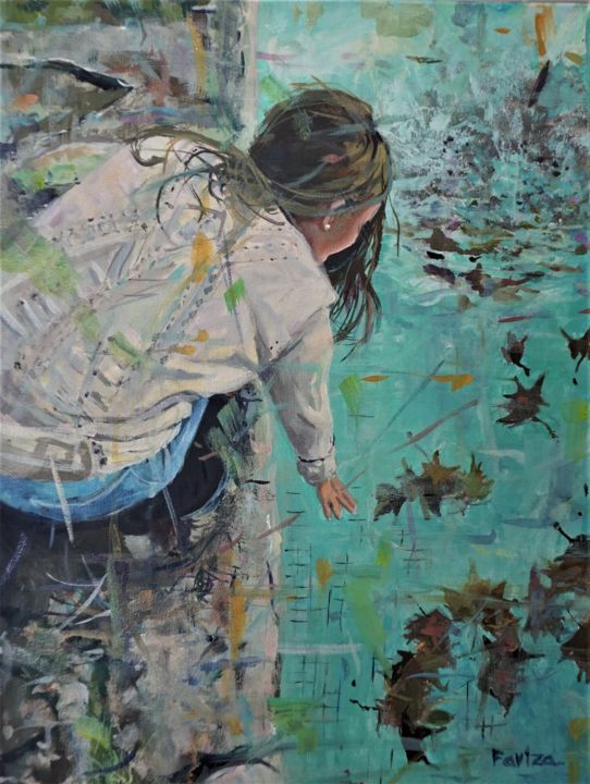 Painting titled "La piscina en otoño" by Fariza, Original Art, Oil Mounted on Stretcher frame