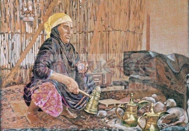 Malerei mit dem Titel "Druze Woman Boiling…" von Farkas Fischhof, Original-Kunstwerk, Öl